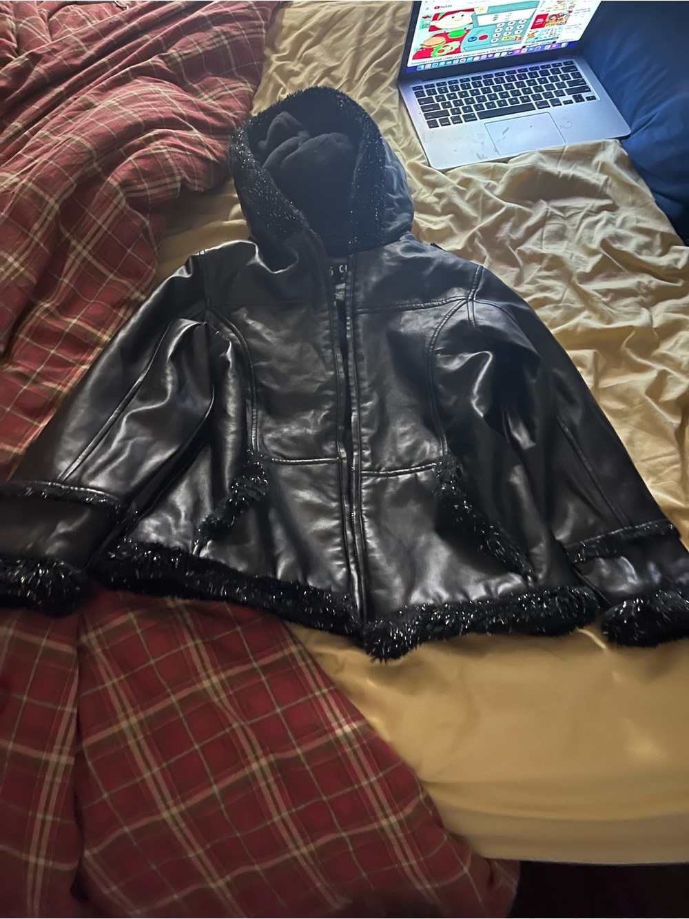 Big Chill Black Faux Leather Hooded Puffer Jacket for Kids